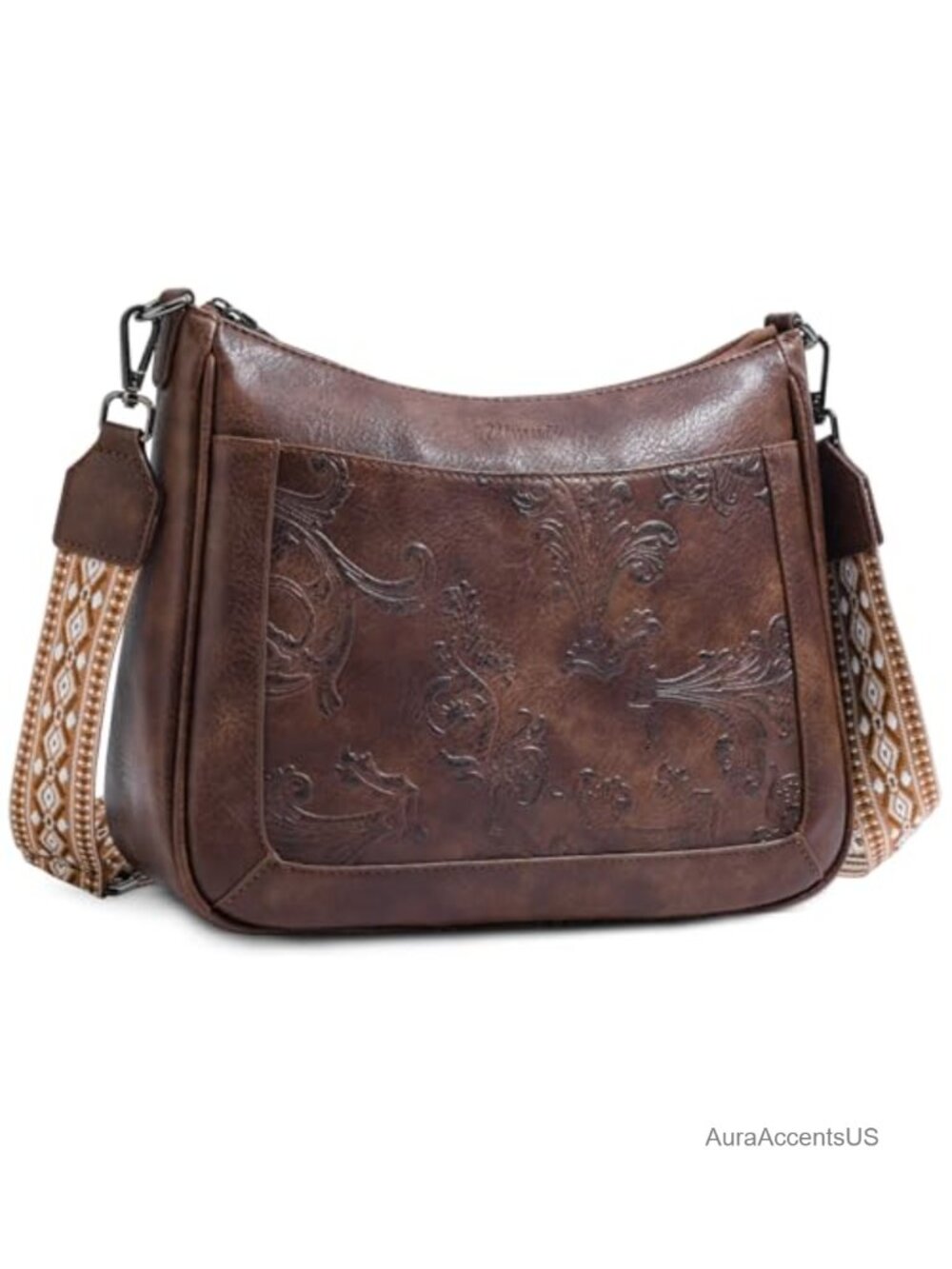 Vegan Leather Crossbody Bag Embossed Floral Adjustable Strap Women's Purse